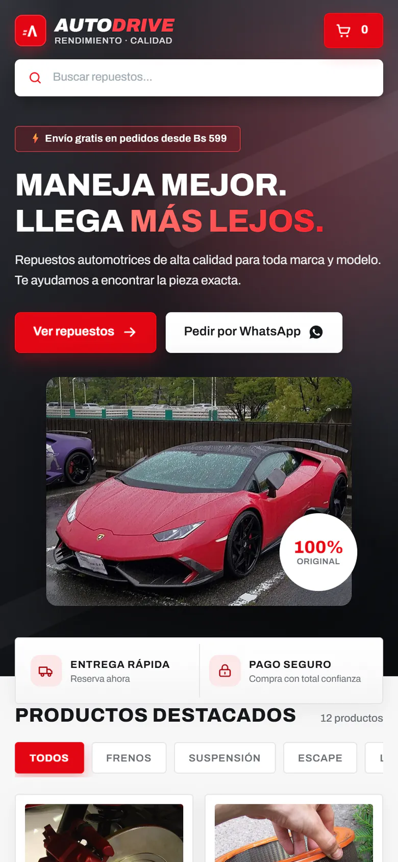 Vista previa en celular de la plantilla AutoDrive: tienda de repuestos automotrices en negro y rojo