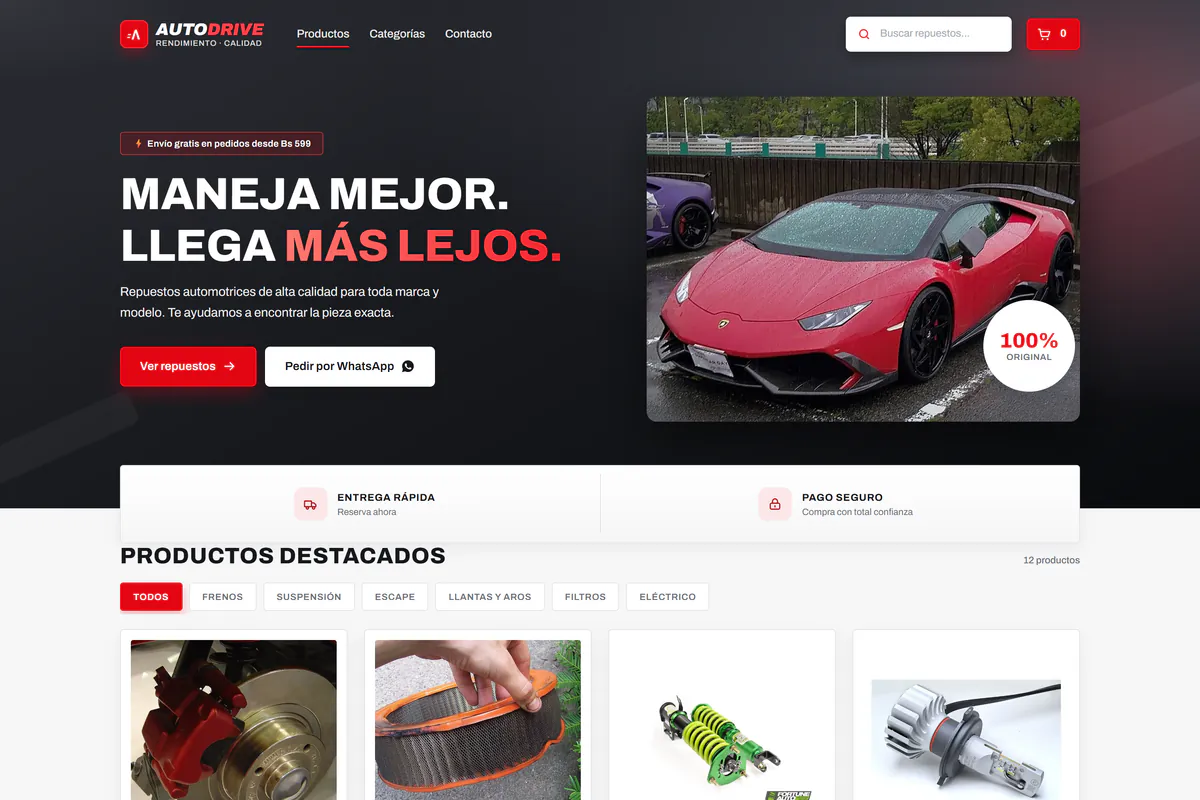 Vista previa en computadora de la plantilla AutoDrive: tienda de repuestos automotrices en negro y rojo