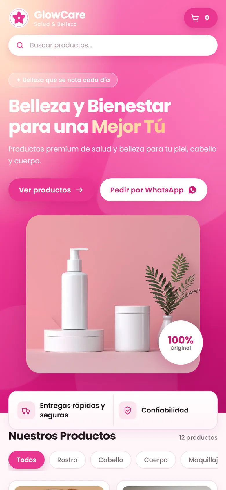 Vista previa en celular de la plantilla GlowCare: tienda de salud y belleza en tonos rosados