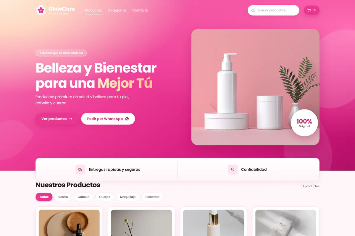 Vista previa en computadora de la plantilla GlowCare: tienda de salud y belleza en tonos rosados