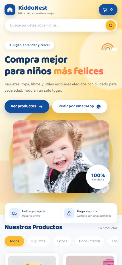 Vista previa en celular de la plantilla KiddoNest: tienda infantil en azul y amarillo