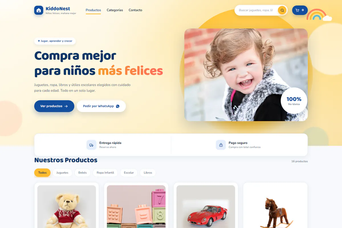 Vista previa en computadora de la plantilla KiddoNest: tienda infantil en azul y amarillo