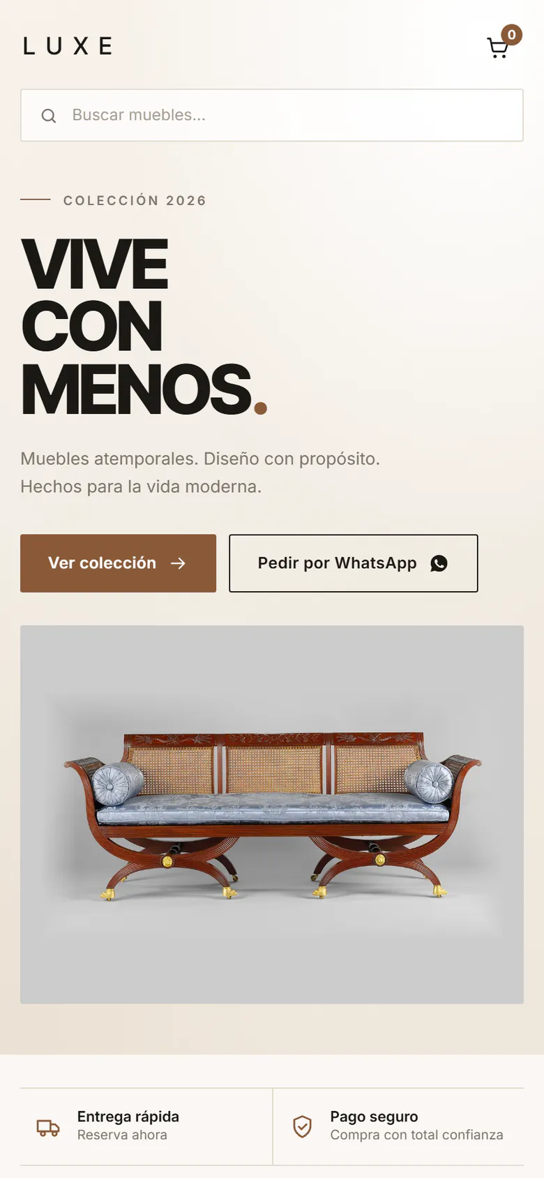 Vista previa en celular de la plantilla LUXE: tienda de muebles de diseño en tonos cálidos