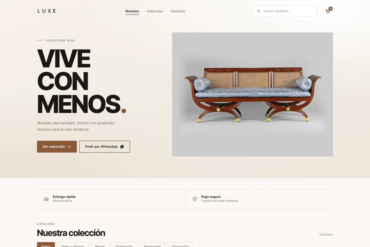 Vista previa en computadora de la plantilla LUXE: tienda de muebles de diseño en tonos cálidos