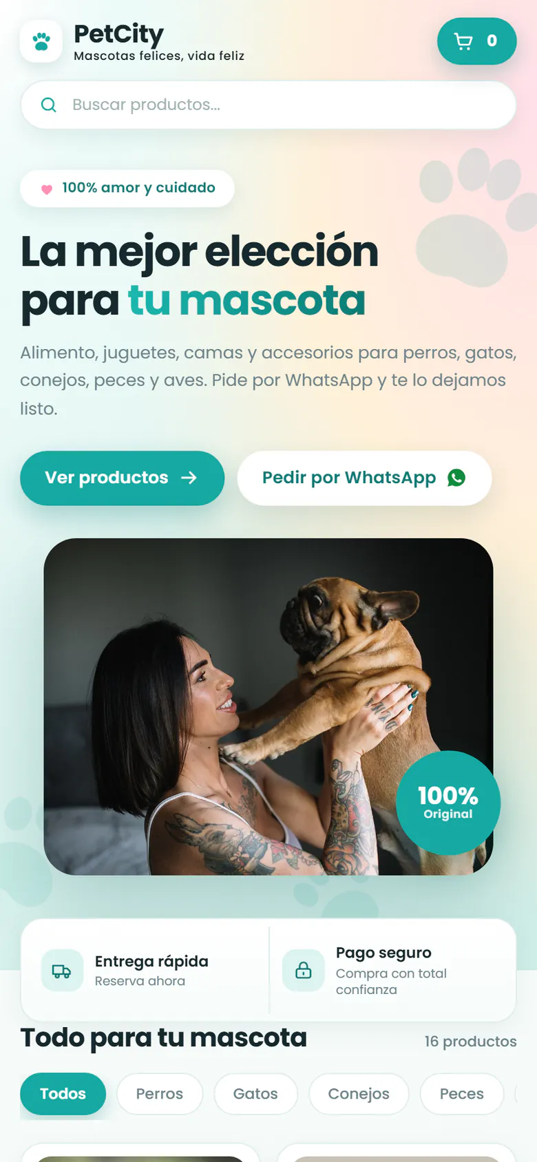 Vista previa en celular de la plantilla PetCity: tienda de mascotas en turquesa