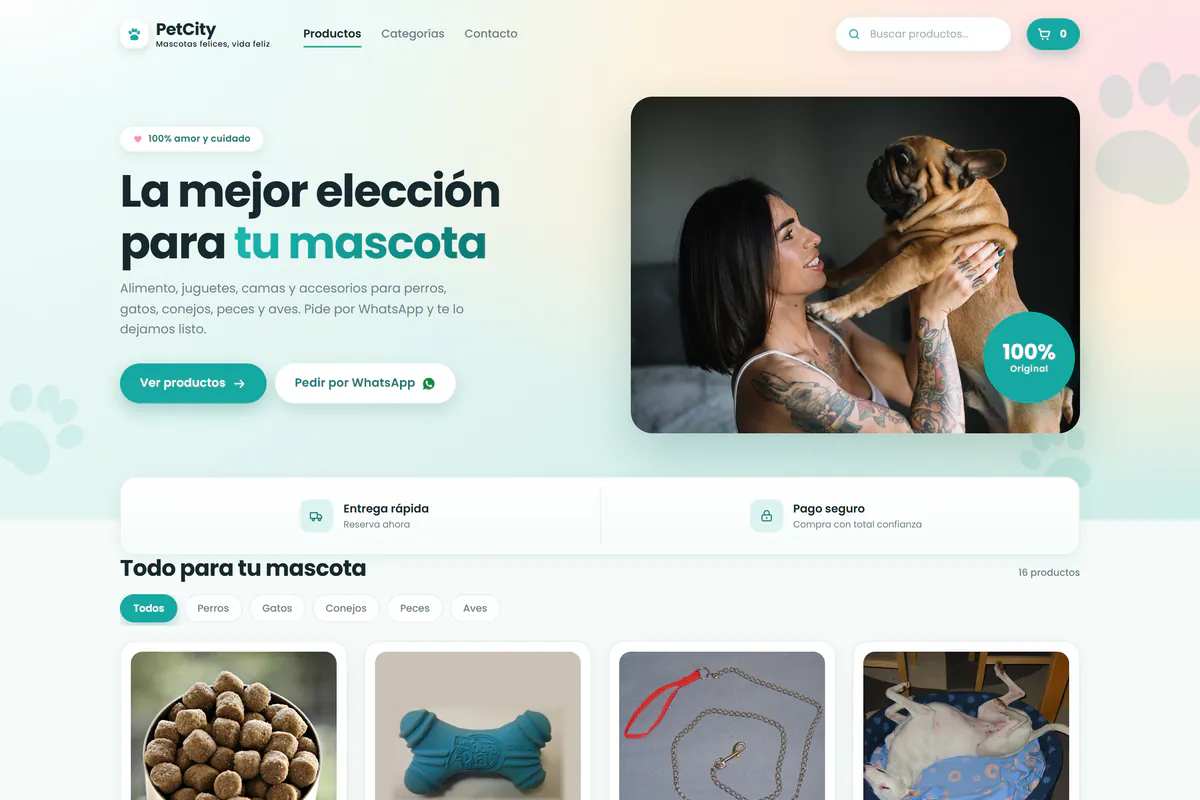 Vista previa en computadora de la plantilla PetCity: tienda de mascotas en turquesa