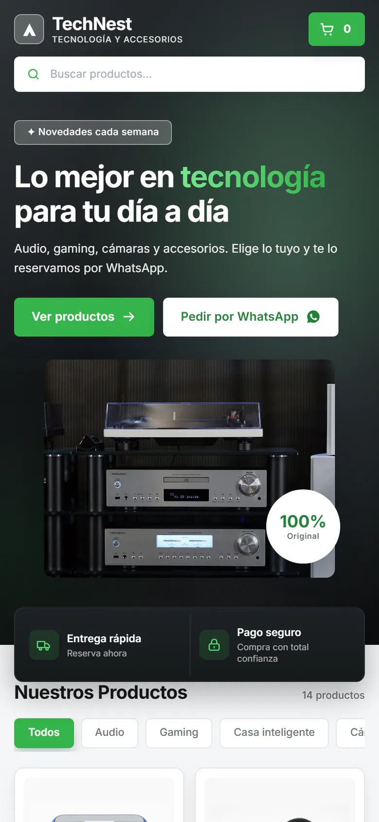 Vista previa en celular de la plantilla TechNest: tienda de tecnología con diseño oscuro