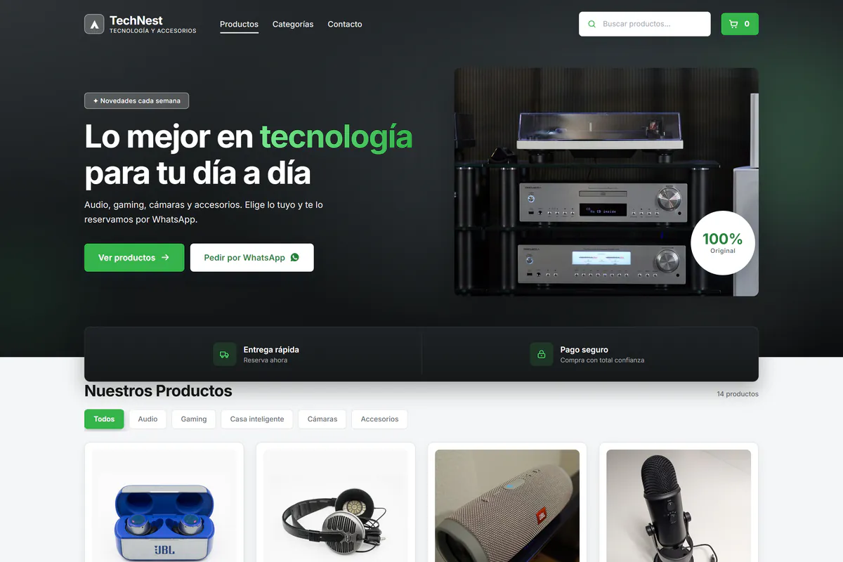 Vista previa en computadora de la plantilla TechNest: tienda de tecnología con diseño oscuro