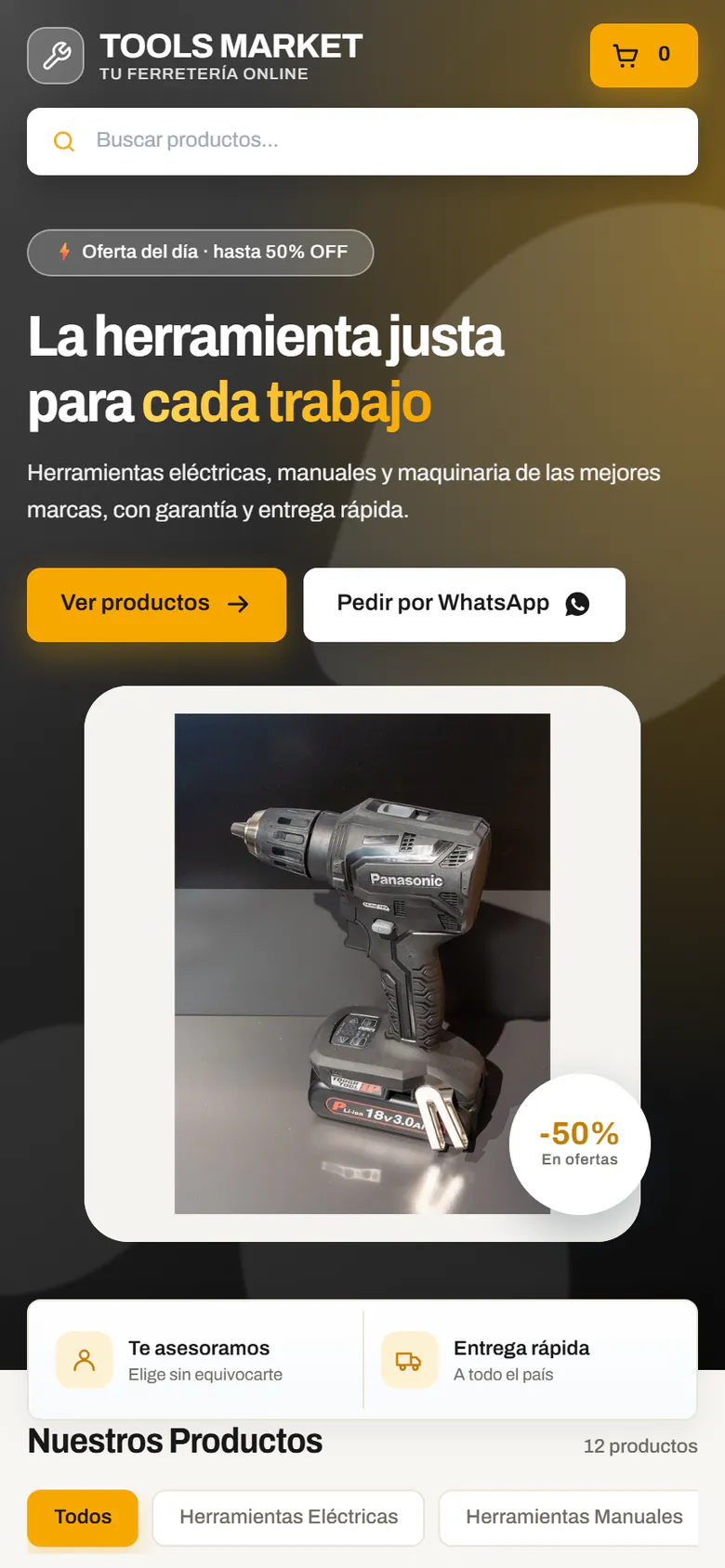 Vista previa en celular de la plantilla TOOLS MARKET: ferretería en línea en negro y ámbar