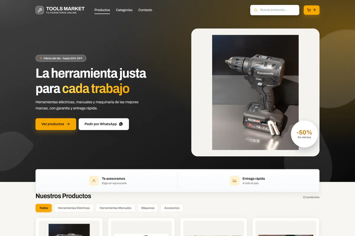 Vista previa en computadora de la plantilla TOOLS MARKET: ferretería en línea en negro y ámbar
