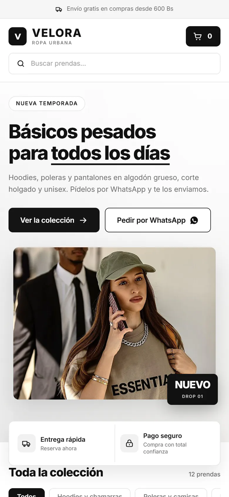 Vista previa en celular de la plantilla VELORA: tienda de ropa urbana en blanco y negro