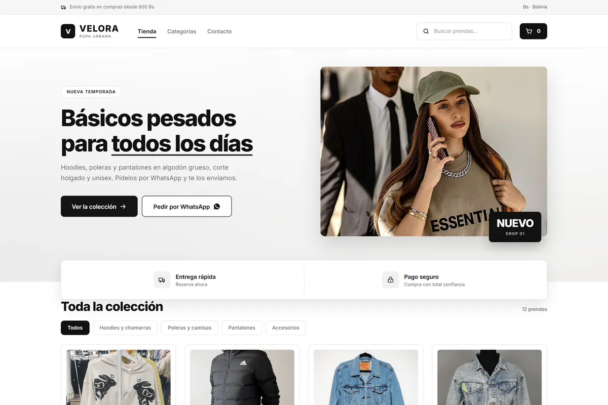 Vista previa en computadora de la plantilla VELORA: tienda de ropa urbana en blanco y negro