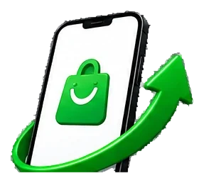 Celular con una bolsa de compras sonriente y una flecha de crecimiento
