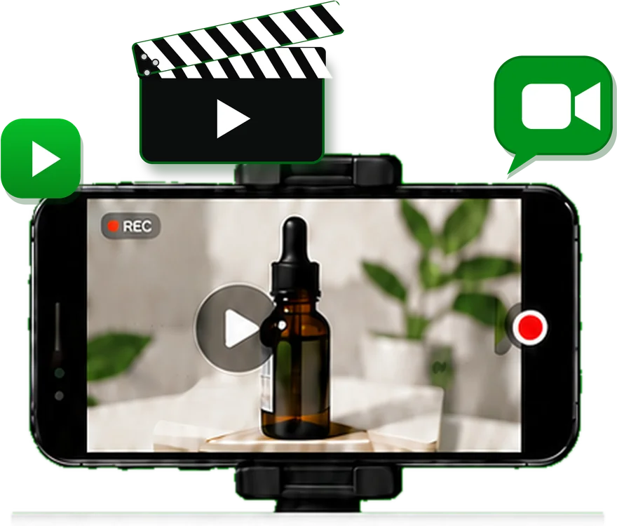 Celular en trípode grabando un producto, con claqueta e icono de video